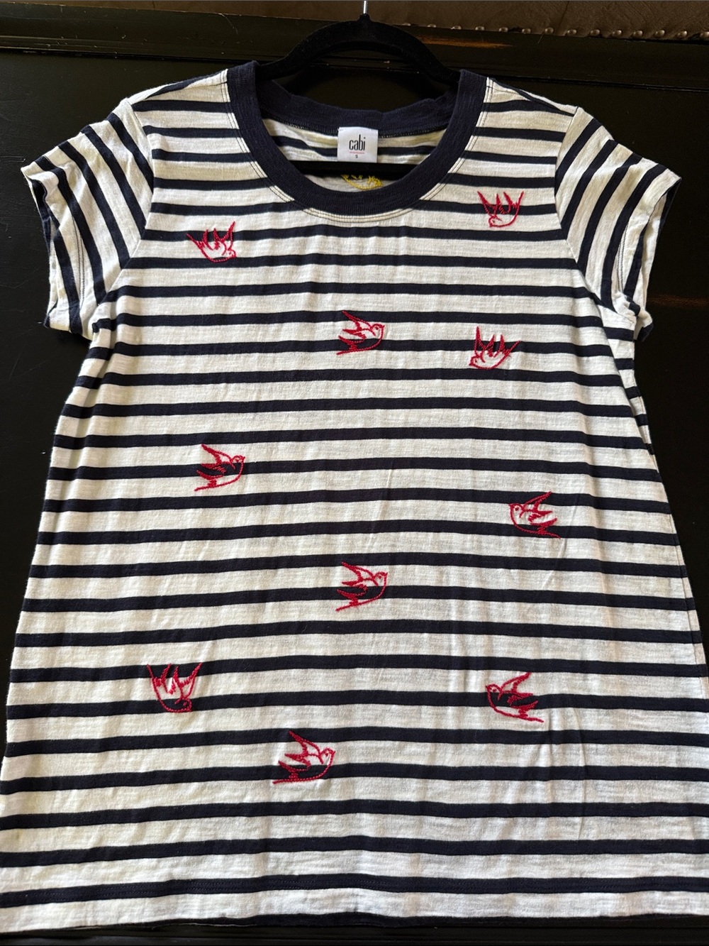 CAbi Navy & White Striped Tee with Red Bird Embroidery
